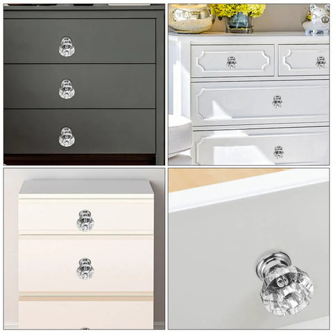 Crystal Acrylic Cabinet Knobs With Silver Base, 10 Pack Modern Drawer Pulls For Home Decor And Kitchen Storage displayed on drawers.