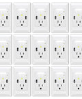 Super Handy Wall Outlet With Night Light Attached, 15 Amp USB Receptacle Featuring Auto Sensor LED Cover Plate, 4.2A Fast Charging Ports - 15 pack view showing multiple white outlets.