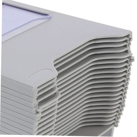 Close-up of expandable plastic card holder detail showing multiple gray slots for ID tags and cards, ideal for desk organization.