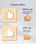 Front view of a honeycomb laser bed infographic on a wooden panel, showing before/after use thumbs icons.