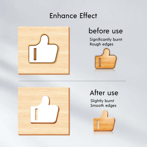 Front view of a honeycomb laser bed infographic on a wooden panel, showing before/after use thumbs icons.