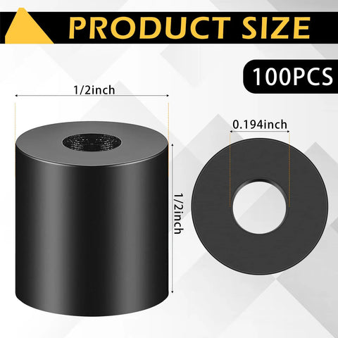 100 Pcs Top Shelf Black Nylon Spacer Washers 1/2 Inch Thick By 1/2 Inch Outer Diameter shown, highlighting dimensions and design.
