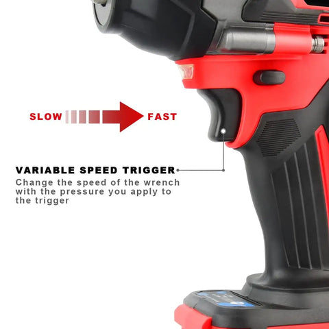 Cordless One Half Inch Impact Wrench Kit With Brushless Motor 20V Max showing variable speed trigger and control features.