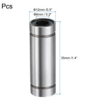 Front view of 4 uxcell LM6LUU linear bearings, 6mm bore, 12mm OD, 35mm length, steel with rubber seals