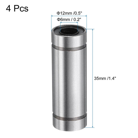 Front view of 4 uxcell LM6LUU linear bearings, 6mm bore, 12mm OD, 35mm length, steel with rubber seals