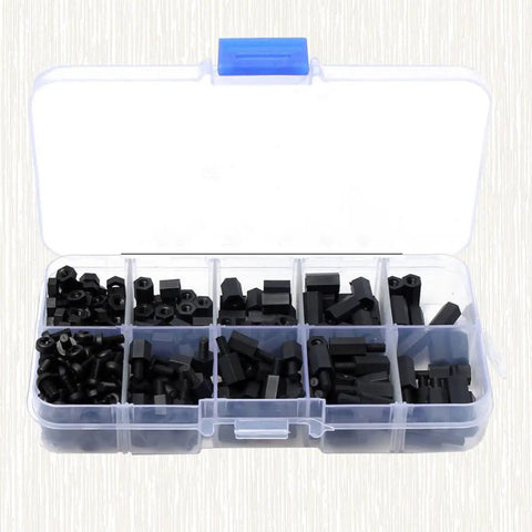 Black Nylon Hex Standoff Screws Nuts Kit 300 Pieces Insulated Spacer Columns Heavy Duty Corrosion Resistant High Temperature Fasteners For Electronics DIY Projects Home Office Use And More, sorted in plastic case