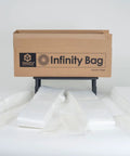Continuous Infinity Dust Bag Roll For Dust Collectors, 72 Foot, 5.5 Mil Thick, Dust Free Disposal, box of bags displayed