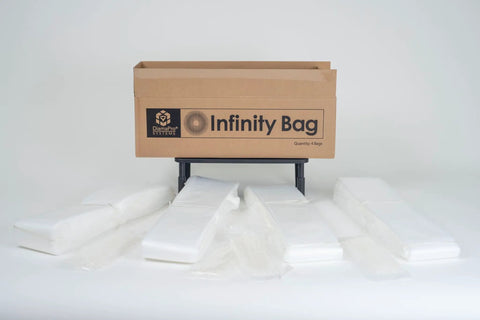 Continuous Infinity Dust Bag Roll For Dust Collectors, 72 Foot, 5.5 Mil Thick, Dust Free Disposal, box of bags displayed