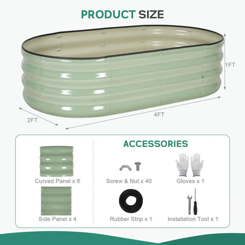 Galvanized Raised Garden Bed Outdoor 4x2x1 Ft Oval Planter With Safety Edging And Gloves, Avocado Green Finish, product dimensions shown