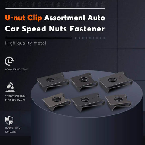 225 Piece SAE U Nut Clip Assortment Kit With Six Sizes For Auto Car Speed Nuts Fasteners Displayed on Dark Surface