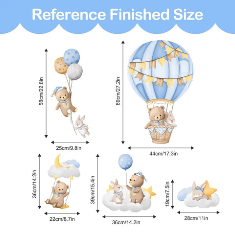 Blue Hot Air Balloon Wall Stickers With Cute Cartoon Bear And Rabbit, Stars And Planets Peel And Stick Decals For Nursery sizes