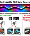 Dope Addressable RGB LED Strip Kit 2x15.7 Inch WS2812 Rainbow ARGB Lights For 5V 3Pin Aura Sync Gigabyte Fusion Mystic Light ASRock RGB Compatible Magnetic Brackets showing compatibility with motherboard headers and incompatibility with 12V headers.