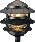 Close-up of Three Tier Lantern Style Line Voltage Landscape Path Light with weatherproof durable metal construction.