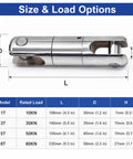 Heavy Duty 1 To 8 Ton Swivel Cable Puller With Bearing Links dimensions chart, showing size and load options for forged steel tuggers.