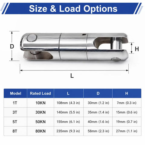 Heavy Duty 1 To 8 Ton Swivel Cable Puller With Bearing Links dimensions chart, showing size and load options for forged steel tuggers.