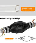No Sweat Manual Gas Siphon Pump For Effortless Fuel And Oil Transfer With Heavy Duty Dual Pvc Hoses and Smart Check Valve close-up of rubber bulb and hoses.