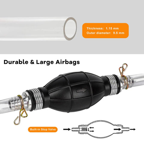 No Sweat Manual Gas Siphon Pump For Effortless Fuel And Oil Transfer With Heavy Duty Dual Pvc Hoses and Smart Check Valve close-up of rubber bulb and hoses.