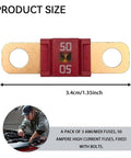 Top Shelf 3 Pack Midi Fuse 50 Amp Bolt On High Current Terminal For Cars Trucks Golf Carts With Rock Solid Insulation And Slick Fit No Drama Install Design Low Resistance Zinc Plated Conductors. Image showing 50A fuse size 3.4cm.