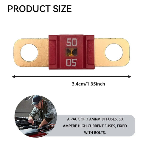 Top Shelf 3 Pack Midi Fuse 50 Amp Bolt On High Current Terminal For Cars Trucks Golf Carts With Rock Solid Insulation And Slick Fit No Drama Install Design Low Resistance Zinc Plated Conductors. Image showing 50A fuse size 3.4cm.