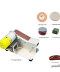 Mini Electric Belt Sander Kit For DIY Enthusiasts Multifunctional Tool Combines Grinding Polishing And Sharpening Compact Desktop Polisher With Knife Sharpener Accessory Set Easy Setup components displayed including grinding wheel and sanding belts.
