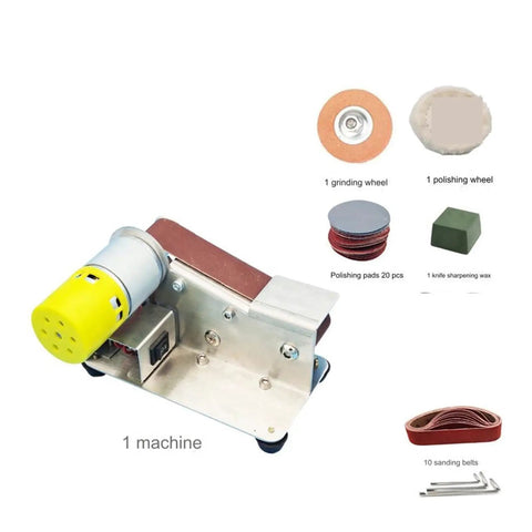 Mini Electric Belt Sander Kit For DIY Enthusiasts Multifunctional Tool Combines Grinding Polishing And Sharpening Compact Desktop Polisher With Knife Sharpener Accessory Set Easy Setup components displayed including grinding wheel and sanding belts.