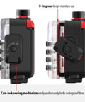 Side view of SportDiver Ultra Underwater Smartphone Housing for Scuba Diving, showing cam-lock sealing mechanism and O-ring seal.