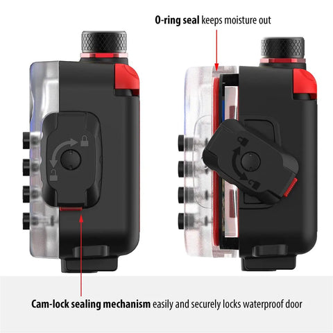 Side view of SportDiver Ultra Underwater Smartphone Housing for Scuba Diving, showing cam-lock sealing mechanism and O-ring seal.