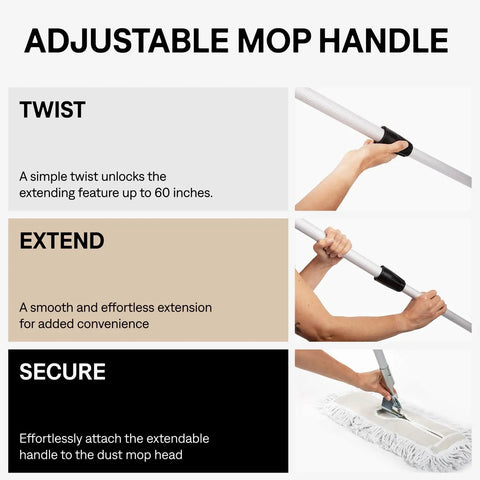 Adjustable mop handle features for Heavy Duty Commercial Cotton Dust Mop, 60 Inch Wide Floor Sweeper For Warehouses And Gyms.