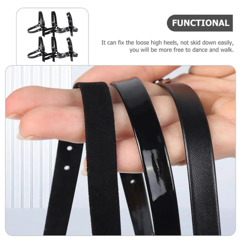 Adjustable Anti Drop Shoe Straps Premium Pumps Accessories in black held by hand, showcasing durable metal and PU materials.