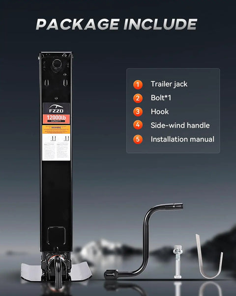 Heavy Duty Trailer Jack 12000 Lbs Side Mounted Direct Weld 26 Inch Vertical Travel Adjustable Drop Leg Package Contents