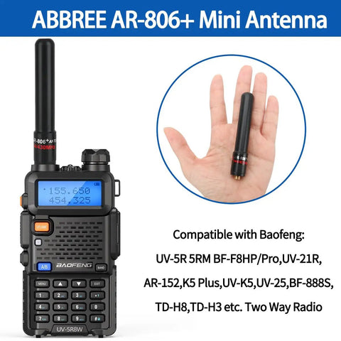Person holding a black ABBREE AR-806+ mini antenna next to a Baofeng radio, showing compatibility with various models.