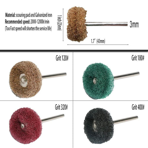 Buffing wheel set for rotary tool with 3mm mandrel; grit discs 120 brown, 180 green, 320 red, 400 black.