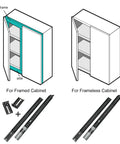 Illustration showing installation options for 10 Pair Heavy Duty 22 Inch Soft Close Drawer Slides for framed and frameless cabinets.