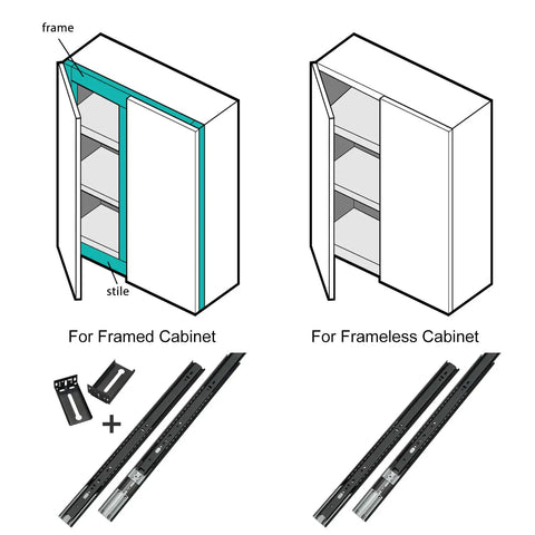 Illustration showing installation options for 10 Pair Heavy Duty 22 Inch Soft Close Drawer Slides for framed and frameless cabinets.