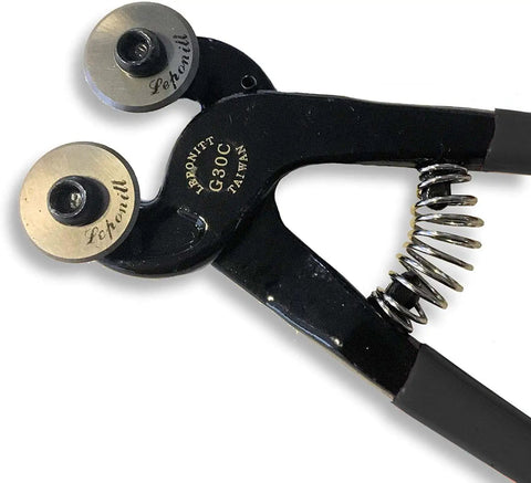 Close-up of wheeled mosaic glass and tile nippers with rotating wheels, black handles, lighter by two oz, spring hinge detail.