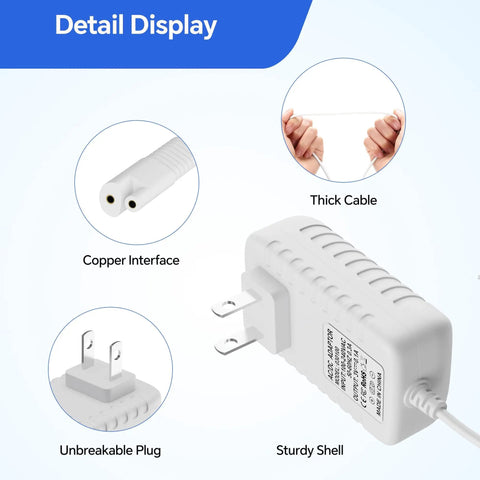 Detail display of Replacement 3V 2 Prong Charger Power Cord For Waterpik Cordless Water Flosser showing interface, plug, cable, shell.
