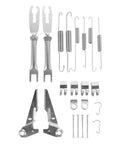 Rear Drum Brake Repair Hardware Kit With Steel Springs Pins And Retainers For Car Drum Brake Service And Vehicle Maintenance DIY Friendly Durable Hardware With Sealing Technology To Extend Lifespan Time Saving Assembly Tools Included, steel brake parts laid out