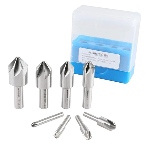 82 Degree 6 Flute HSS Countersink Set, 8 Pack, Precision Ground Countersinks, Sizes From One Quarter Inch To One Inch displayed with case