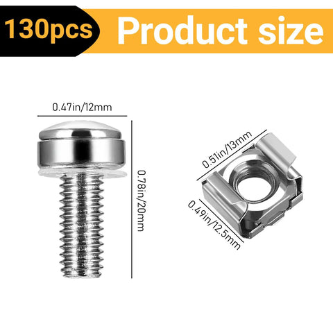Tough As Nails Rack Mount Screws And Cage Nuts Kit For Server Cabinets Featuring Heavy Duty Carbon Steel Construction With Nylon Washers For Secure Shelving Slick Fast Installation Every Time, dimensions shown.