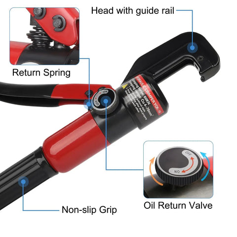 Upgraded Hydraulic Crimping Tool For One Eighth And Three Sixteenths Stainless Steel Cable Railing Kits with labeled features