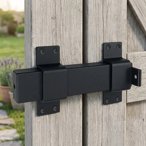 Built Tough As Nails Adjustable Slide Gate Latch 2 Pack installed on wooden door, black coated steel finish for yard security.