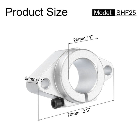 SHF25 Aluminum Linear Rod Rail Shaft Support Bracket Set For 25mm Shaft, Beefy Duty Clamp Mounts For CNC Machines, 3D Printers, And Automation Gear, Durable Aluminum Alloy, Includes Wrenches. Product size view, 70mm aluminum 25mm shaft support bracket.