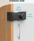 Keyless Hasp Lock For Cabinets And Small Doors, 1000 Combo Password Lock For Barn, Shed, Garage, Outdoor, Garden, And Bathroom Use, No Key Hassle, Heavy Duty Metal Construction, Easy Install, Black Finish, shown installed on wooden cabinet with dimensions of 4.3in by 1.8in