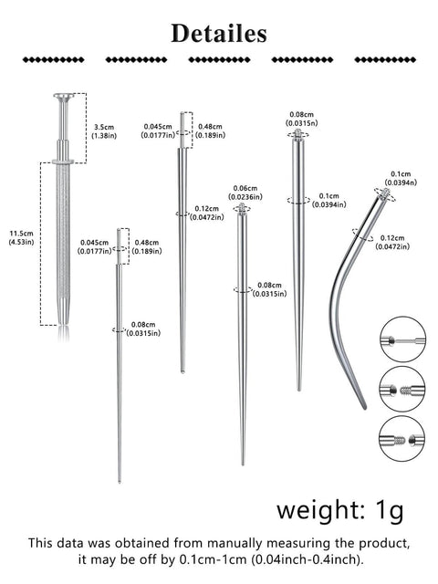 Piercing Taper Kit For Threadless And Internal Threaded Jewelry Changing Tools 20G 16G 18G size specifications chart