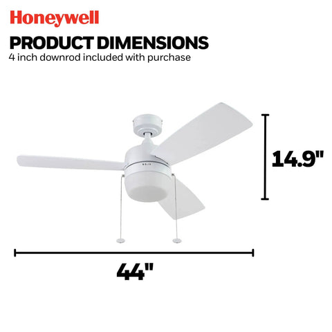 Barcadero Modern 44 Inch Ceiling Fan With Light LED Indoor Fan Three Blades White Finish Pull Chain Control product dimensions