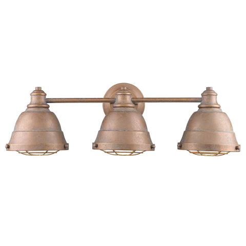 Bartlett Bath Vanity With Copper Patina Finish, Industrial Vintage Vibe, Caged Diffuser, Exposed Hardware, three-light design