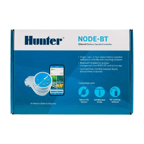 Hunter NODE-BT Bluetooth Battery Powered Sprinkler Controller With Solenoid, Waterproof Irrigation Timer packaging