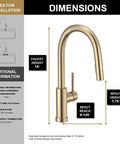 Dimensions of Modern Champagne Gold Kitchen Faucet With Pull Down Sprayer And Dual Function Head, Single Hole Brass Build.