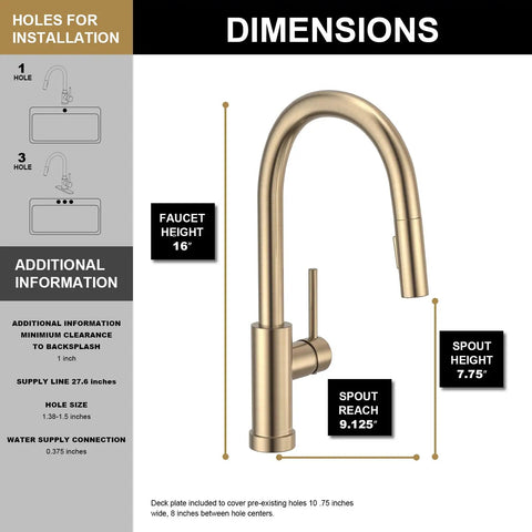 Dimensions of Modern Champagne Gold Kitchen Faucet With Pull Down Sprayer And Dual Function Head, Single Hole Brass Build.