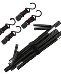 Portable Triangular Outdoor Storage Rack parts including hooks and poles, for camping cookware organization